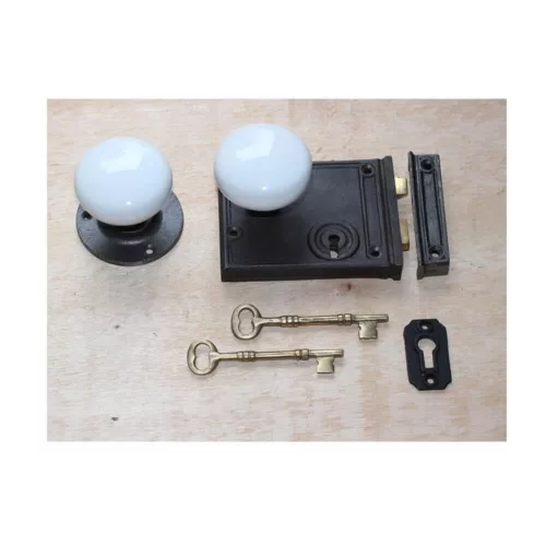 Cast Iron Horizontal Rim Lock on White Porcelain Knobs